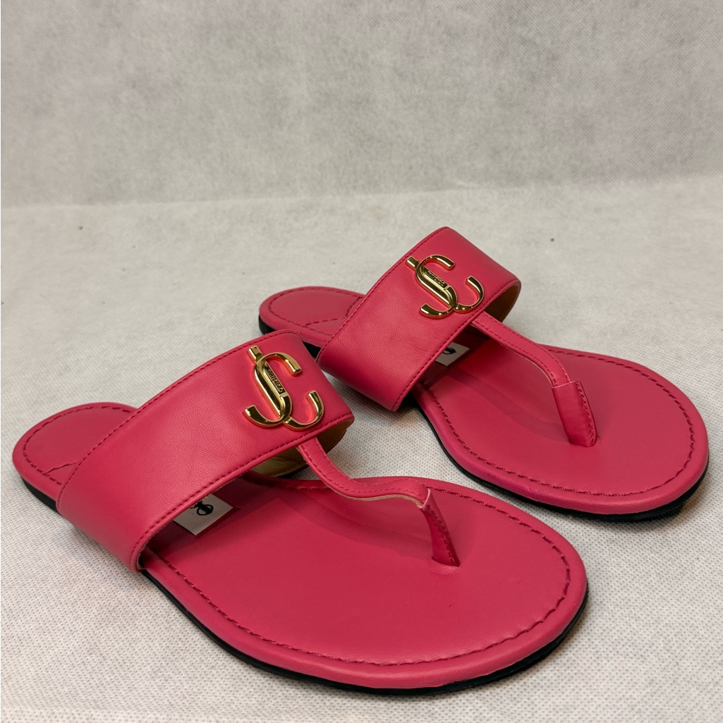 Jimmy Choo Pink Leather Thong Sandal Sz 34 Excellent Jc Logo Flat Petite